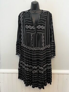 Turquoise Couture Boho Black Tiered Dress with Bell Sleeves, Size Large